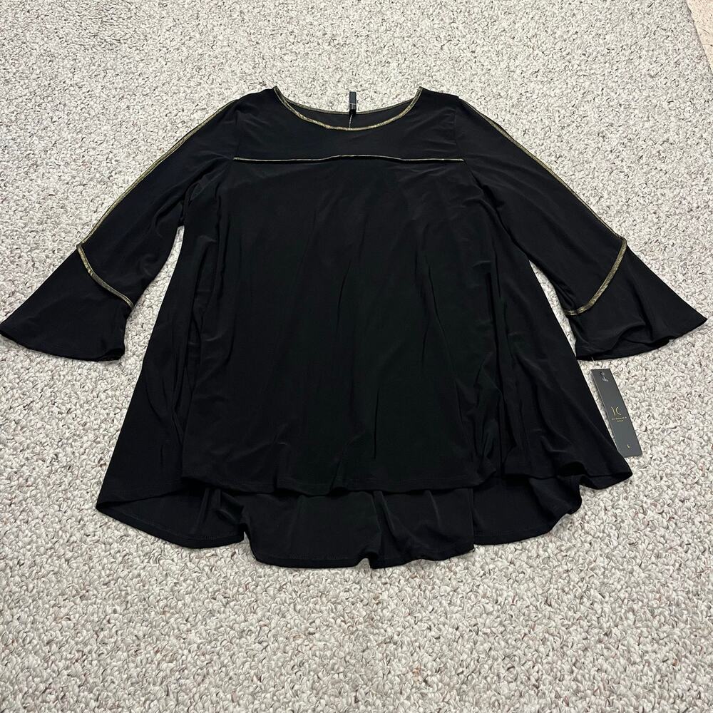 NEW IC by Connie K Long Sleeve Tunic Top L Black Gold Artsy Lagenlook Casual